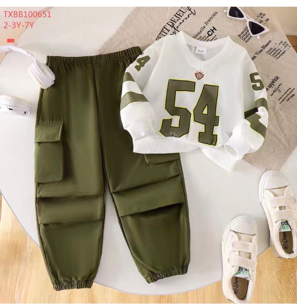 TXBB100651 Kids Sports Tracksuit Set White and Army Green