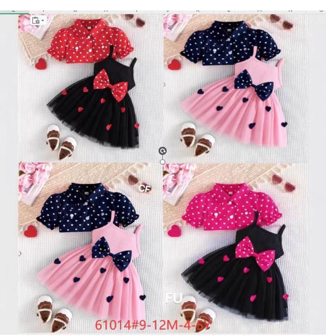 61014 Girls Heart Print 2-Piece Dress Set in 4 colors