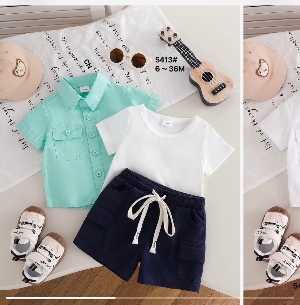 5413 Baby Boys 2-Piece Shirt and Shorts Set in Mint Green and White