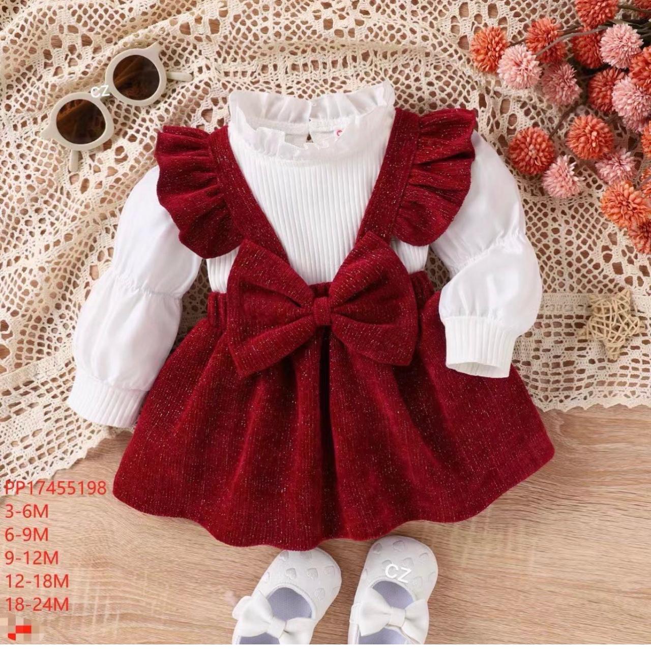 Baby Girl Ruffle Top and Red Bow Suspender Skirt Set