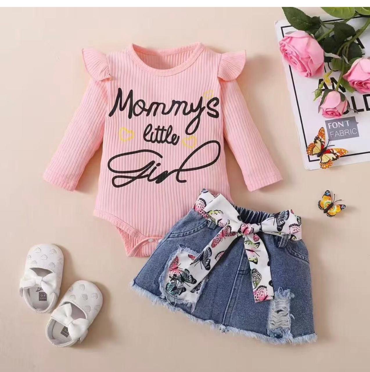 Baby Girl Mommys Little Girl Pink Bodysuit and Butterfly Denim Skirt Set