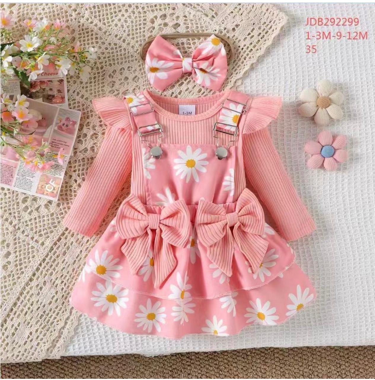 Baby Girl Daisy Print Suspender Skirt Set with Matching Headband