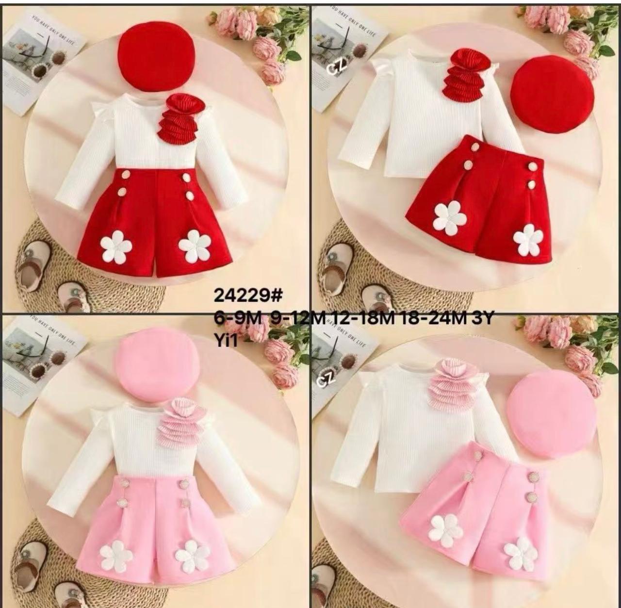 Baby Girl White Ribbed Top Flower Skirt and Beret Hat Set in Red and Pink