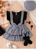 Baby Girl Black Ruffle Top Houndstooth Suspender Skirt and Beret Hat Set