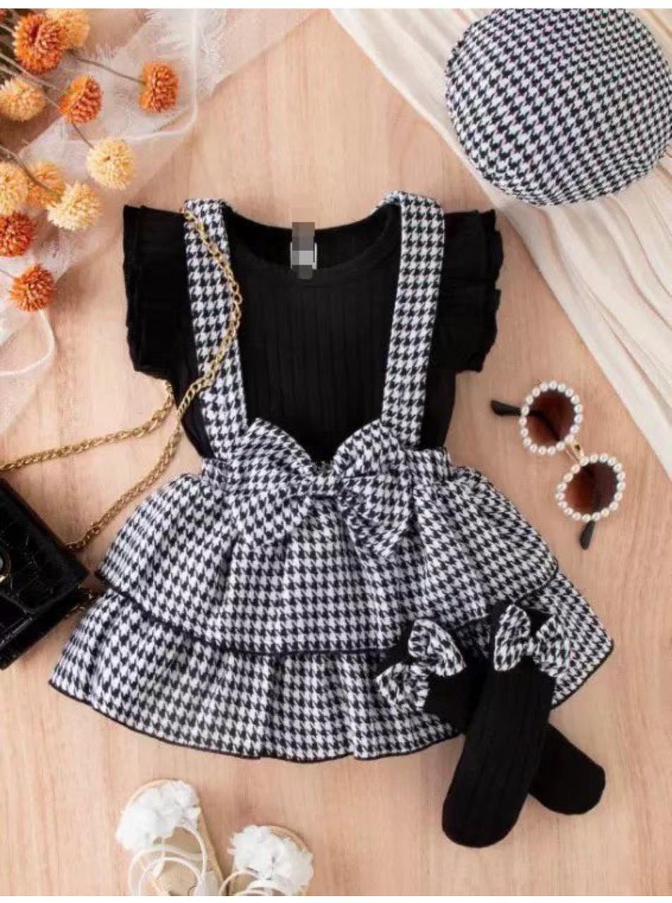 Baby Girl Black Ruffle Top Houndstooth Suspender Skirt and Beret Hat Set
