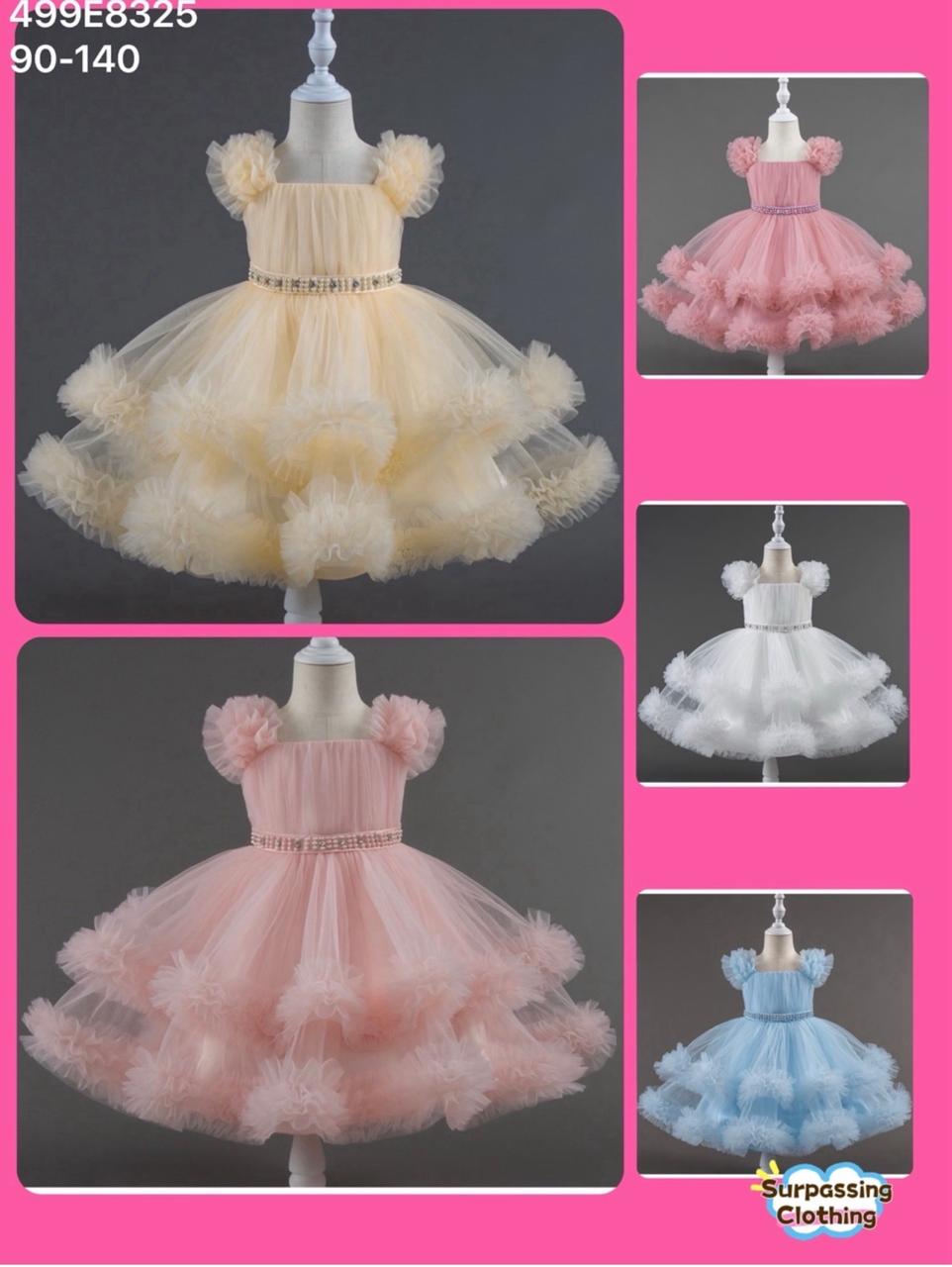 Girls Princess Tutu Ball Gown Dress with Rhinestone Belt in Cream Pink White and Blue