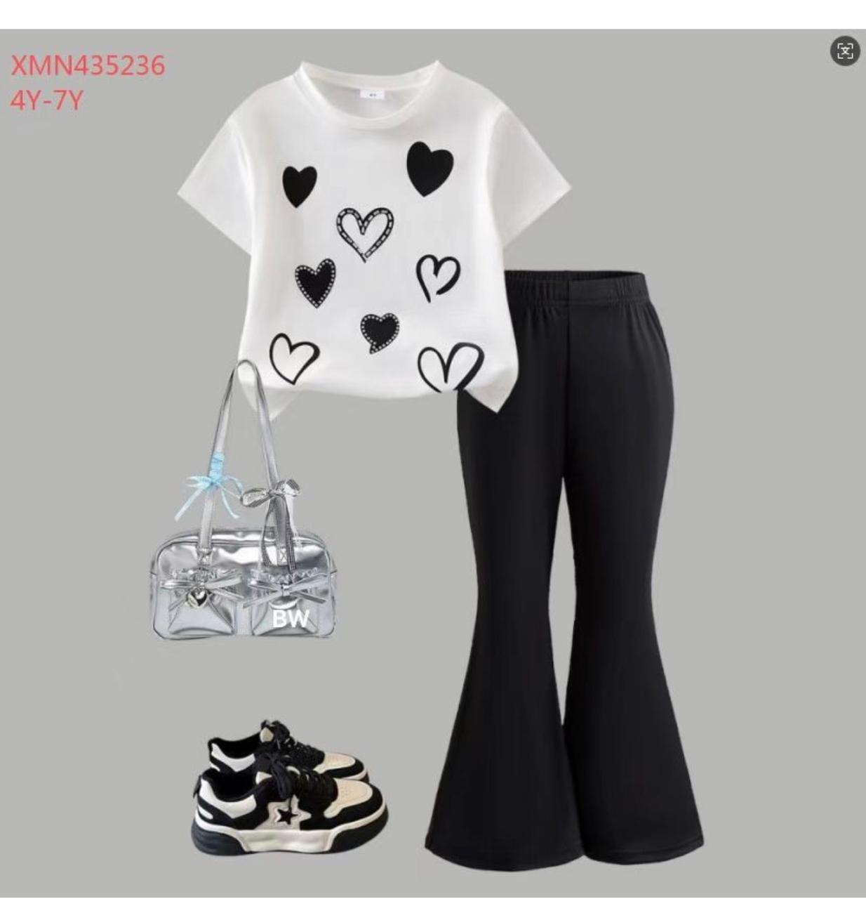 Girls White Heart Print T-Shirt and Black Flare Pants Set