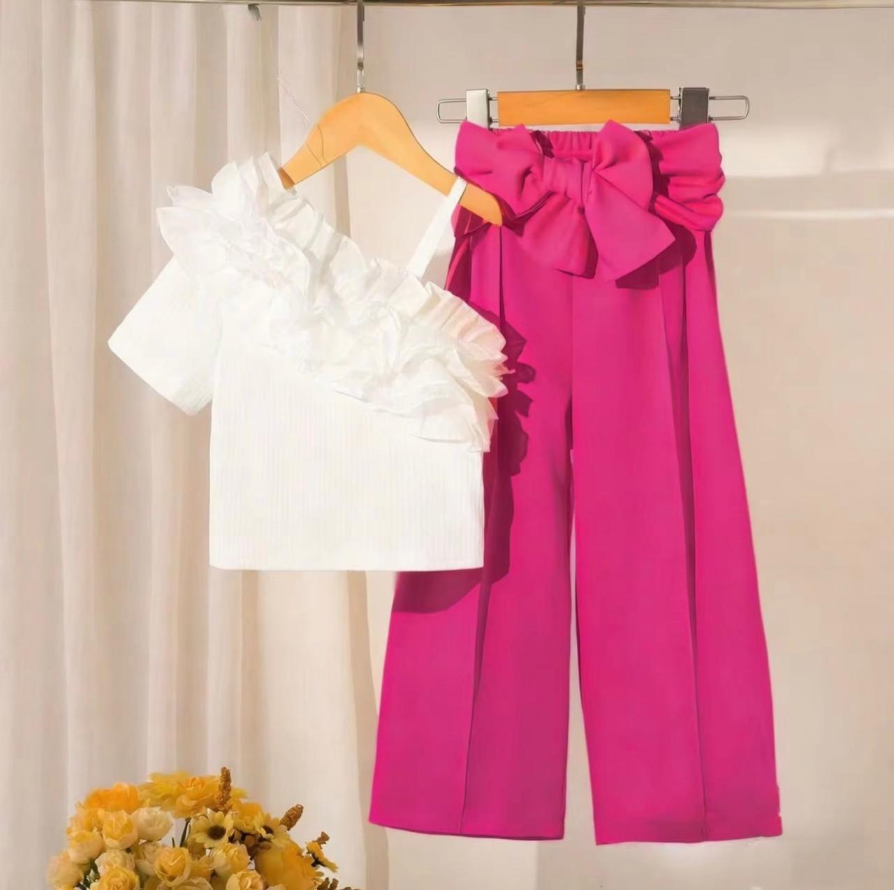Girls White Ruffle Top and Hot Pink Bow Wide-Leg Pants Set