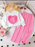 Girls White 3D Pearl Heart Sweatshirt and Pink Wide-Leg Pants Set