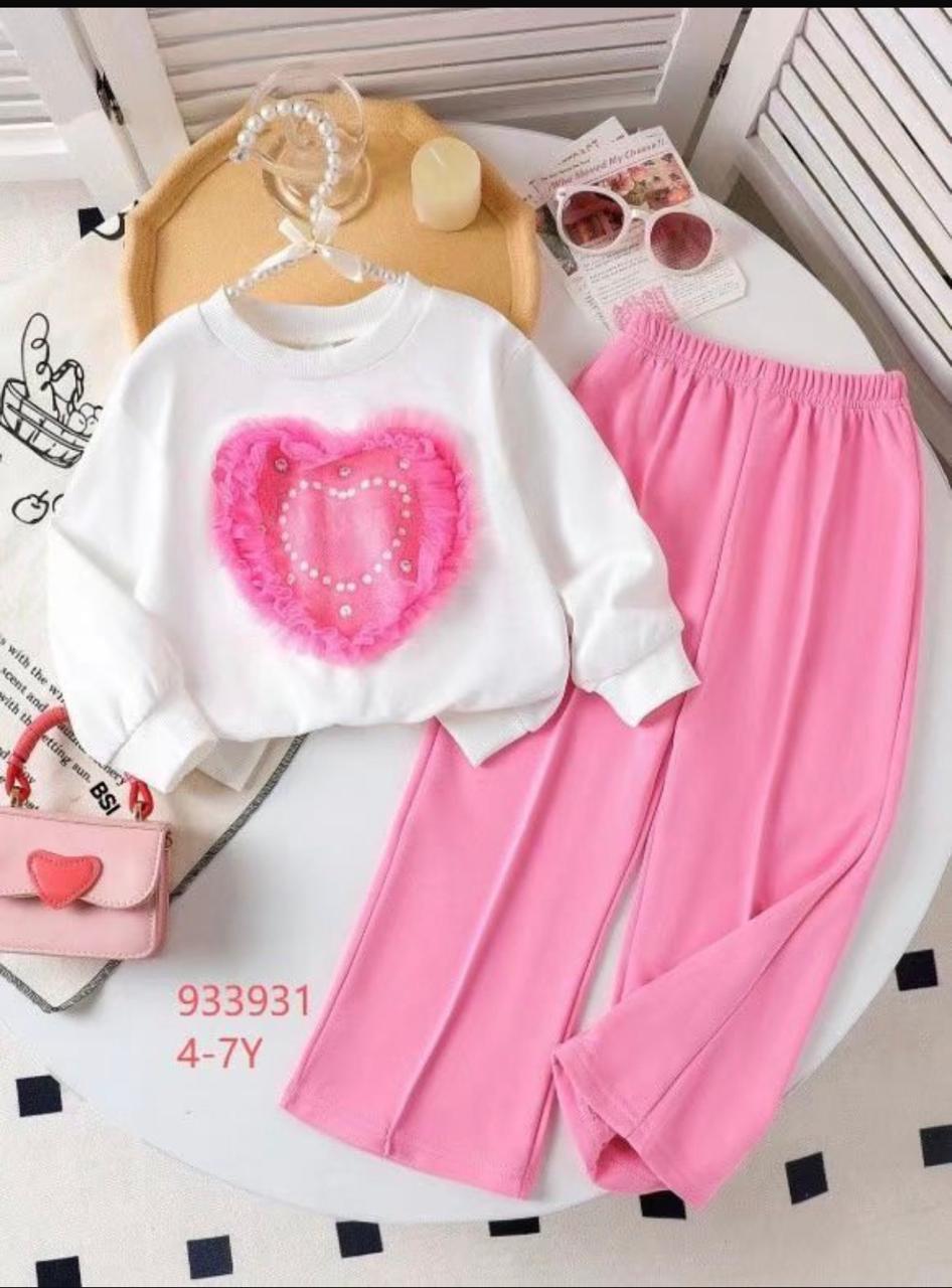 Girls White 3D Pearl Heart Sweatshirt and Pink Wide-Leg Pants Set