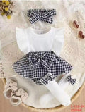 Baby Girl White Ribbed Ruffle Top Houndstooth Skirt Headband and Bow Socks Set