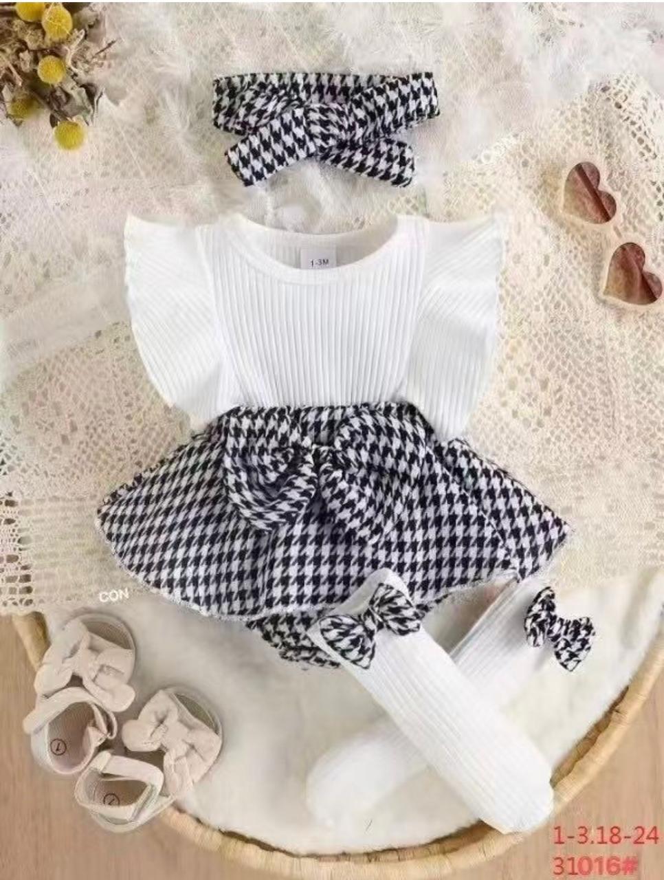 Baby Girl White Ribbed Ruffle Top Houndstooth Skirt Headband and Bow Socks Set
