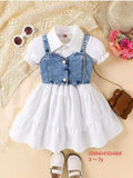 Girls White Puff Sleeve Collared Dress with Denim Vest Overlay