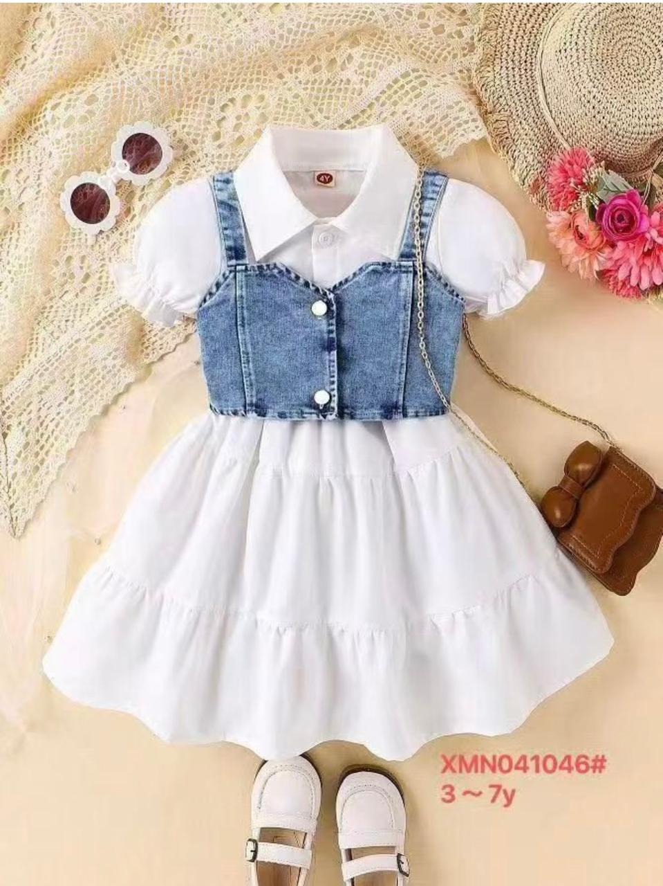 Girls White Puff Sleeve Collared Dress with Denim Vest Overlay
