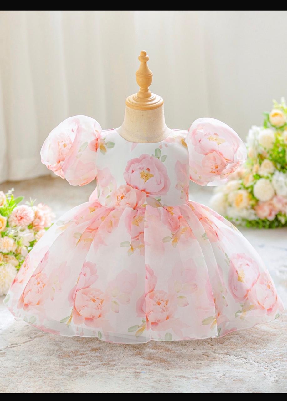 Baby girls white dress with pink peony floral print, puff sleeves and layered tulle skirt, ages 1-4