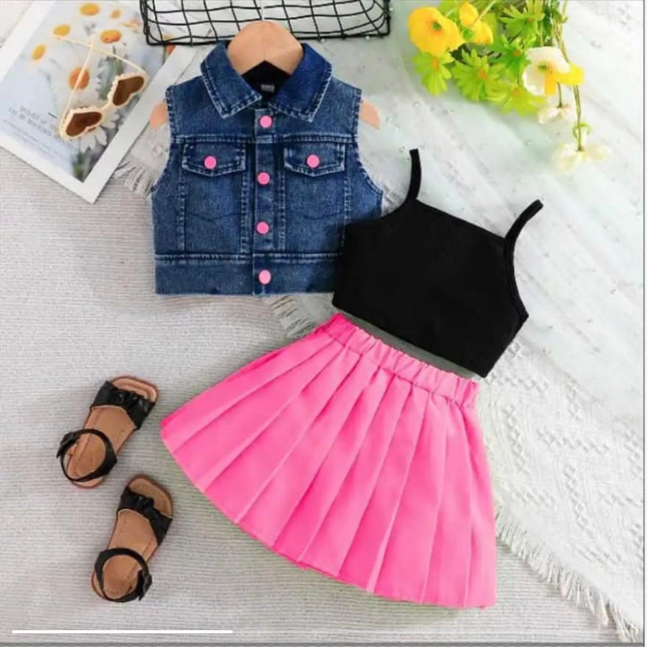 Girls Denim Vest Black Cami Top and Hot Pink Pleated Skirt 3-Piece Set