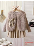 Girls beige faux fur jacket and pleated dress set with bow headband, ages 4-7