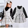 Girls white and black tweed plaid 3-piece set with turtleneck, button vest, pleated skirt and bow headband, ages 4-7