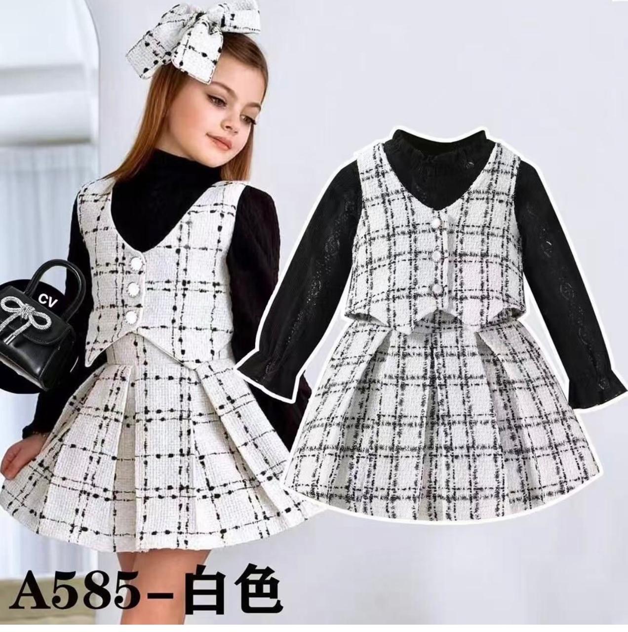 Girls white and black tweed plaid 3-piece set with turtleneck, button vest, pleated skirt and bow headband, ages 4-7