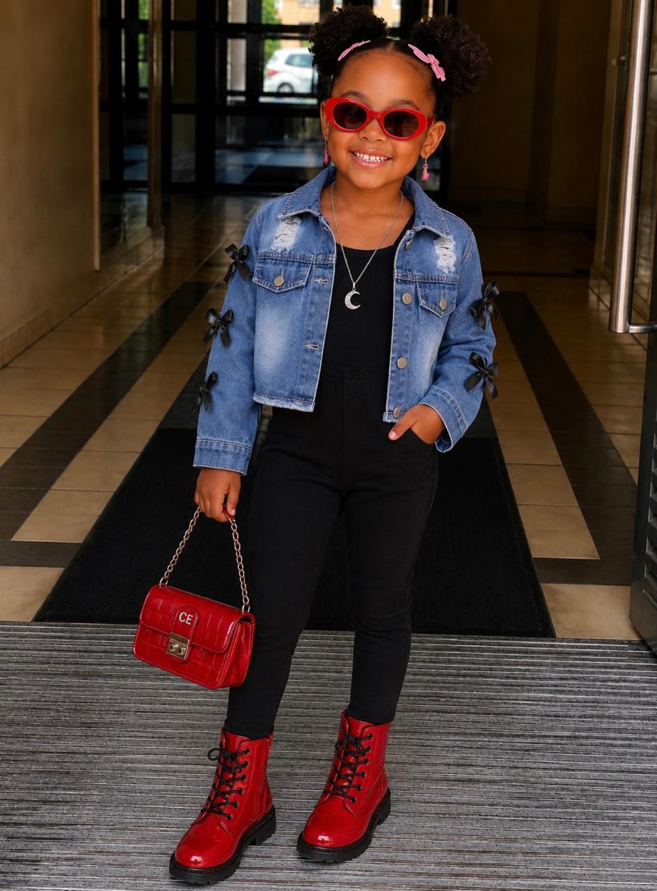 Girls bow denim jacket with black top and leggings outfit set, ages 4-7