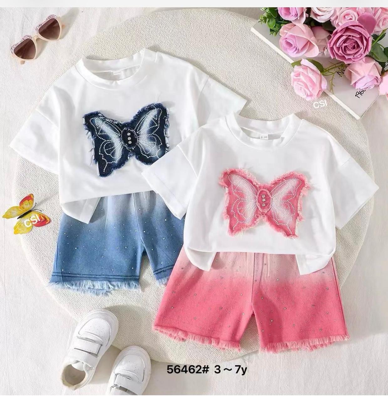 Girls butterfly appliqué t-shirt and rhinestone denim shorts set in blue and pink, ages 4-7