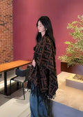 Women's Poncho - Beige Black Star Stripe Scarf