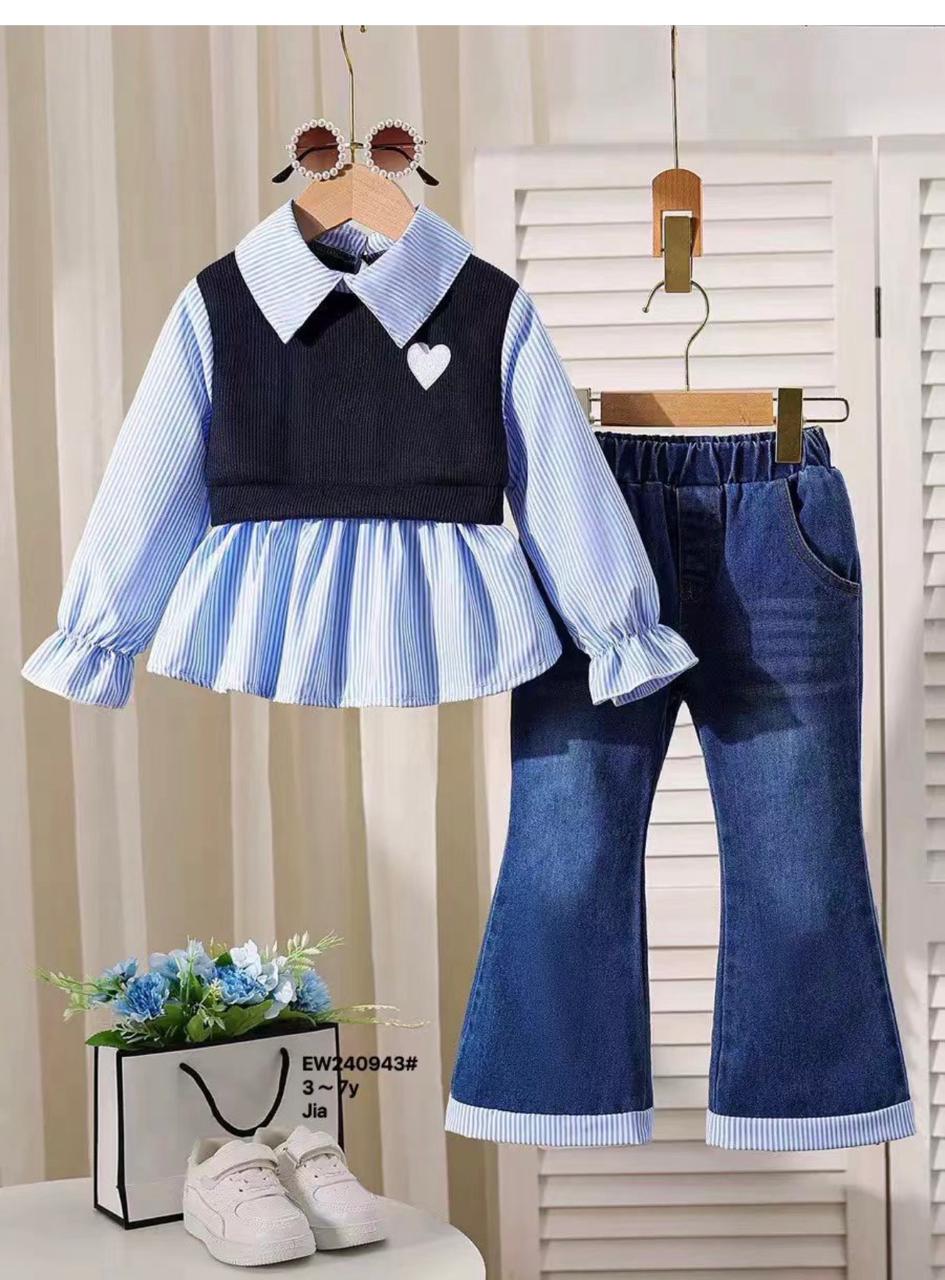Girls blue striped ruffle shirt with navy knit heart vest and flare jeans 3-piece set, ages 2-7